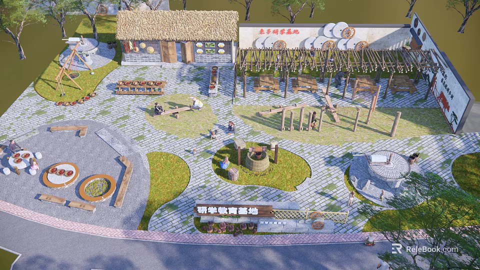 Park Landscape With Thatched Cottage Playground Equipment Paved Courtyard Stone Mill And Green Plants 3d model 