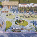 Park Landscape With Thatched Cottage Playground Equipment Paved Courtyard Stone Mill And Green Plants
