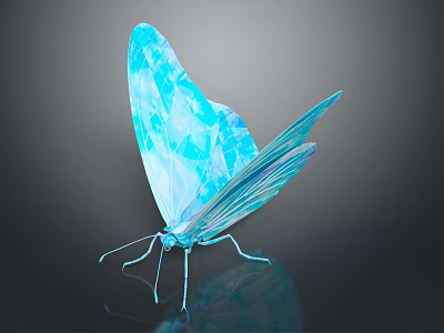 Blue Butterfly with Transparent Glossy Wings on Dark Background Showing Reflection 3d model