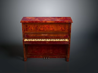 Vintage Red Upright Piano With Carved Wooden Decor For Home Living Space 3d model