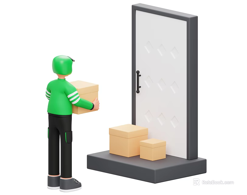 Man in green cap holding package standing by door with stacked boxes 3d model