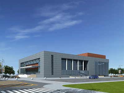 Modern Library Building With Gray Exterior Large Glass Windows And Red Roof 3d model