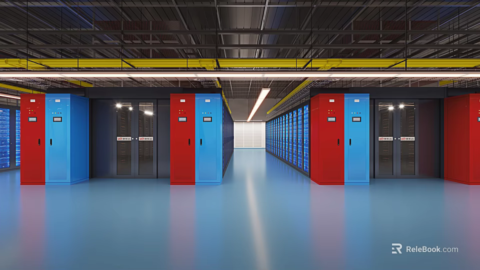 Spacious Server Room Featuring Blue And Red Cabinets And Modern Racks 3d model 