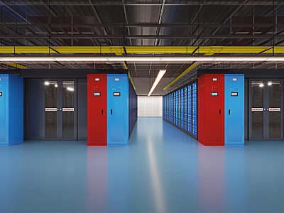 Spacious Server Room Featuring Blue And Red Cabinets And Modern Racks 3d model