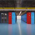 Spacious Server Room Featuring Blue And Red Cabinets And Modern Racks