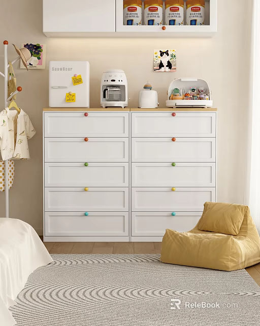 White Chest of Drawers with Colorful Knobs and Small Appliances in Kids Bedroom 3d model 