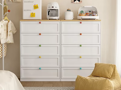 White Chest of Drawers with Colorful Knobs and Small Appliances in Kids Bedroom 3d model