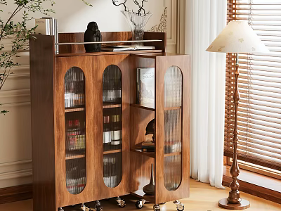 Wooden Storage Cabinet with Glass Doors and Rolling Casters in Cozy Living Room Interior 3d model