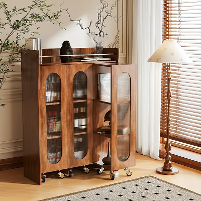 Wooden Storage Cabinet with Glass Doors and Rolling Casters in Cozy Living Room Interior 3d model