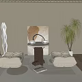 Cozy Living Corner With Poufs Round Side Table Tea Cups And Floor Lamp