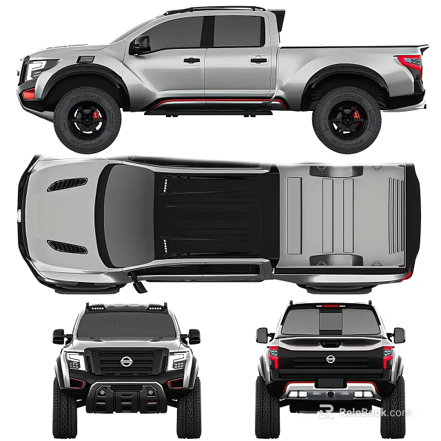 Silver Nissan Pickup Truck Multi Angle Design Featuring Black Wheels Bed Grille And Rear 3d model 