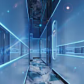 Modern KTV Corridor With Blue Neon Lights And Futuristic Tech Design Elements