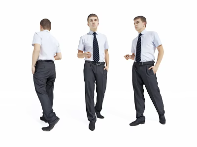 Three Angles of Man in White Shirt Black Tie and Dark Pants on White Background 3d model