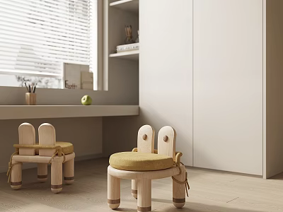 Wooden Children's Chairs with Ear Shaped Design and Yellow Cushions in Modern Indoor Setting 3d model
