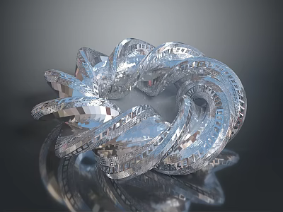 Transparent Spiral Polyhedral Sculpture With Geometric Textures On Dark Background Reflective Surface 3d model