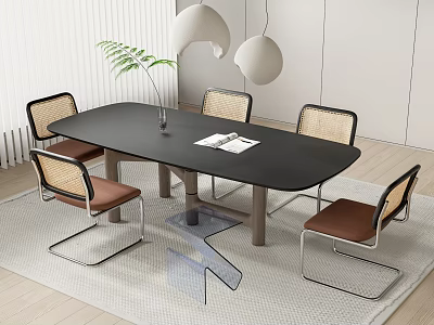 Modern Dining Table Set With Rattan Back Chairs Black Tabletop And Green Plant Decor 3d model