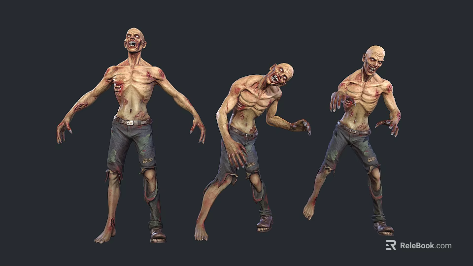 Zombie Men With Emaciated Bodies And Tattered Clothing In Various Scary Postures 3d model 