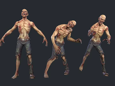 Zombie Men With Emaciated Bodies And Tattered Clothing In Various Scary Postures 3d model