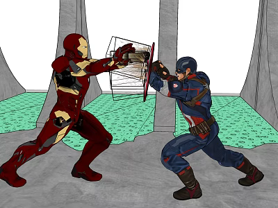 Game Movie Characters Iron Man and Captain America Clashing in Battle Scene With Shield Defense 3d model