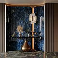 Luxury Foyer Hallway Design With Blue Marble Backdrop Round Mirror And Brass Vase