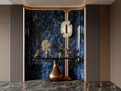 Luxury Foyer Hallway Design With Blue Marble Backdrop Round Mirror And Brass Vase 3d model