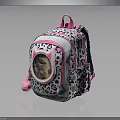 Fashionable Kids Backpack With Leopard Print Circular Transparent Window Pink Straps And Pom Pom Accessory