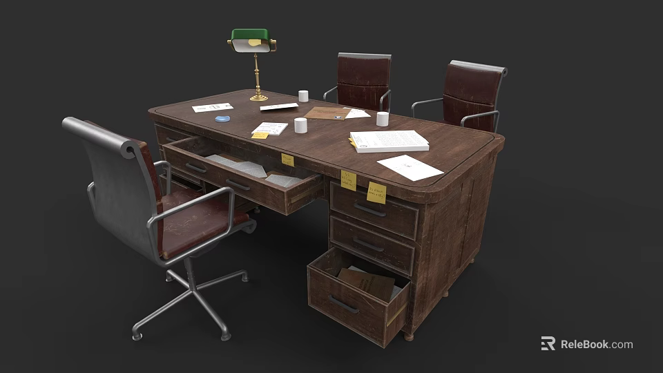 Wooden Office Desk Featuring Open Drawer Papers Cups Green Desk Lamp And Sticky Notes 3d model 