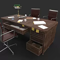 Wooden Office Desk Featuring Open Drawer Papers Cups Green Desk Lamp And Sticky Notes