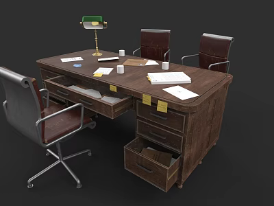 Wooden Office Desk Featuring Open Drawer Papers Cups Green Desk Lamp And Sticky Notes 3d model