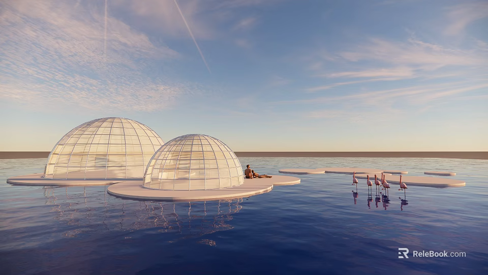 Garden Landscape Featuring Transparent Domes On Water With People Relaxing Under Blue Sky 3d model 