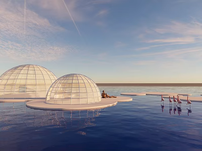 Garden Landscape Featuring Transparent Domes On Water With People Relaxing Under Blue Sky 3d model