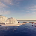 Garden Landscape Featuring Transparent Domes On Water With People Relaxing Under Blue Sky