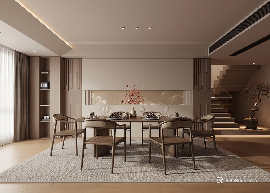 Modern Restaurant Interior With Wooden Dining Table Chairs Wall Art Curtains Rug And Staircase 3d model 