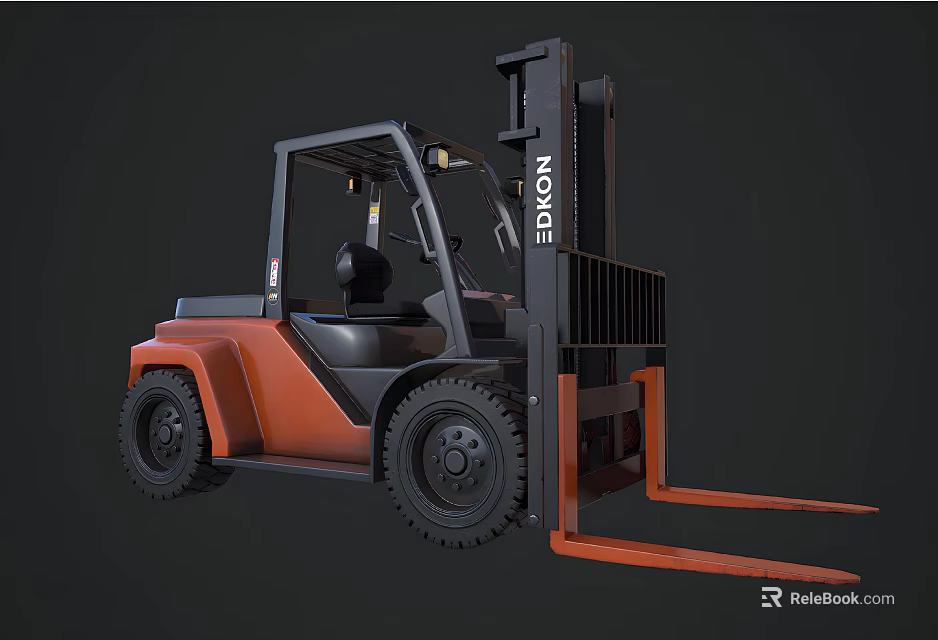 Dekon Orange And Black Industrial Forklift With Cab And Lifting Forks 3d model 