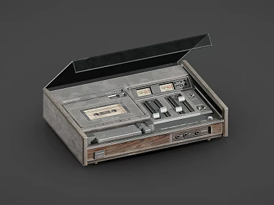 Vintage Audio Cassette Player with Wooden Panel Open Lid and Control Buttons 3d model