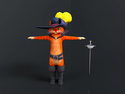 Cartoon Orange Cat Character Wearing Yellow Feather Hat Boots Belt With Sword Holding Small Mouse 3d model