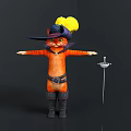 Cartoon Orange Cat Character Wearing Yellow Feather Hat Boots Belt With Sword Holding Small Mouse