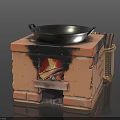 Brick Stove With Frying Pan And Wicker Basket Of Firewood Burning Inside