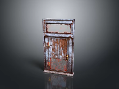 Vintage Rusted Old Door With Glass Panel And Metal Frame Design Details 3d model