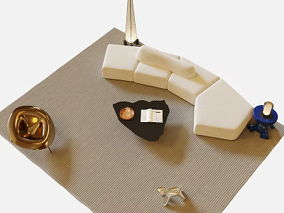 Modern Linen Sofa And Geometric Coffee Table Set On Beige Textured Rug With Decor Pieces 3d model