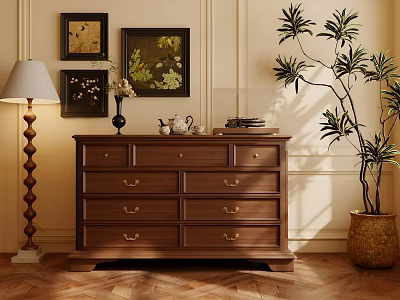 Brown Wooden Sideboard With Drawers Framed Paintings Floor Lamp And Potted Plant 3d model