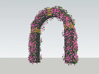 Floral Arched Pergola Decorated With Pink Flowers Black Columns And Golden Details 3d model