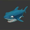 Blue Shark Toy with Big Eyes Open Mouth Showing Teeth on Dark Background and Reflection
