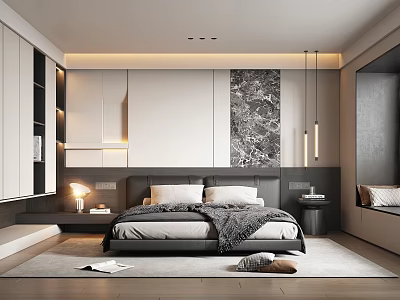 Modern Bedroom Interior With Comfortable Bed Nightstands Stylish Wall Decor Soft Lighting And Cozy Rug 3d model