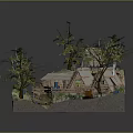 Cartoon Scene With Small Rustic Wooden Houses Surrounded By Trees Grass And Benches