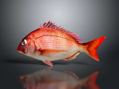 Vibrant Red Fish With Red Fins Tail And Scales On Gray Background Showing Reflection 3d model