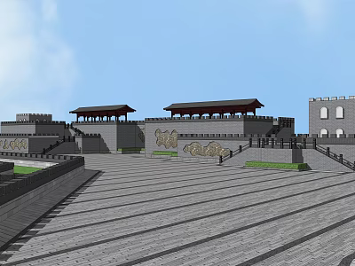 Ancient City Wall Architecture With Traditional Watchtowers Stone Square And Wooden Floors 3d model