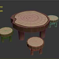 Natural Wooden Tree Stump Shaped Dining Table Set with Matching Stools and Organic Texture