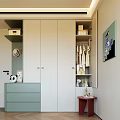 Modern Wardrobe Interior Design With Light Green Drawers Hanging Clothes And Storage Shelves