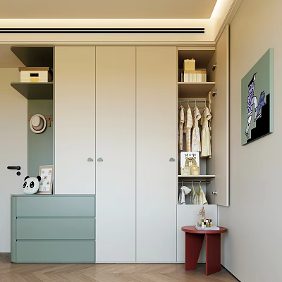 Modern Wardrobe Interior Design With Light Green Drawers Hanging Clothes And Storage Shelves 3d model